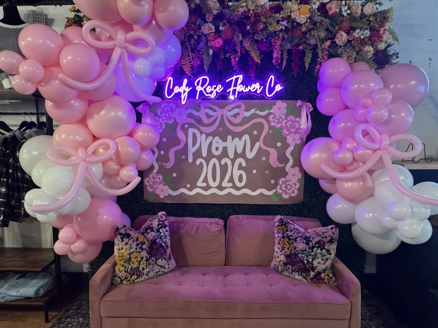 The stage is set for prom! Whether you&rsquo;re coming in for a party to make your own florals, or picking up your order - stop and take a picture (or 20!) in front of our pretty sign and balloon arch! 😍😍😍 #codyroseflowerco