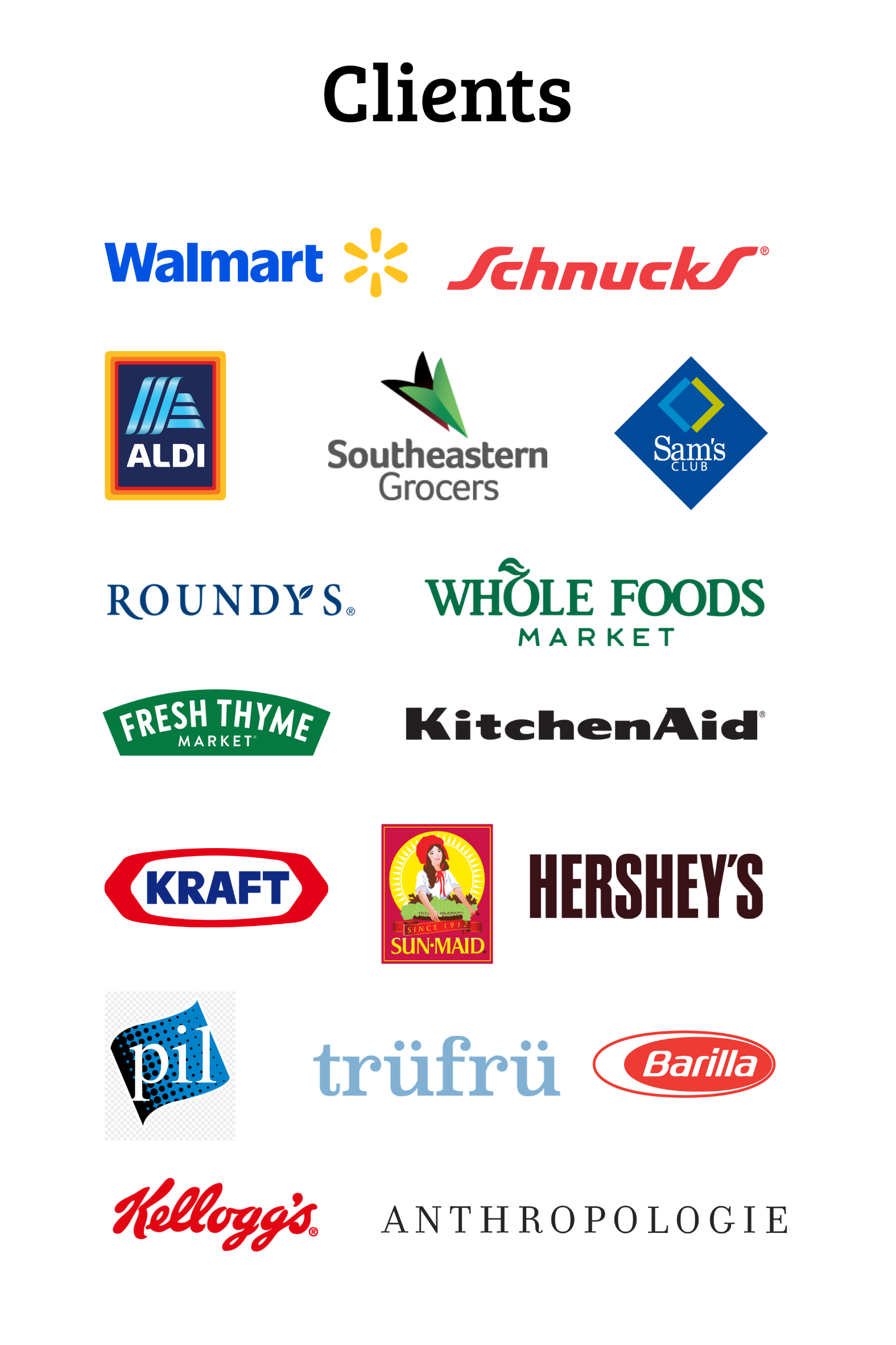 Logos of various grocery store chains and food brands, including Walmart, Schnucks, ALDI, Southeastern Grocers, Sam's Club, Roundy's, Whole Foods Market, Fresh Thyme Market, KitchenAid, Kraft, Sun-Maid, Hershey's, Pillsbury, Trūfō, Barilla, Kellogg's, and Anthropologie.