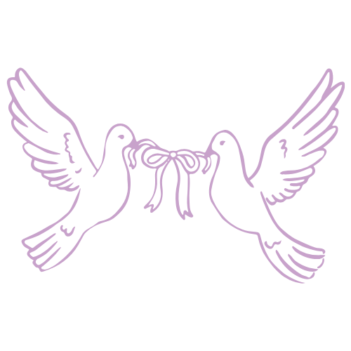 Line drawing of two doves facing each other, holding a ribbon or bow between their beaks.
