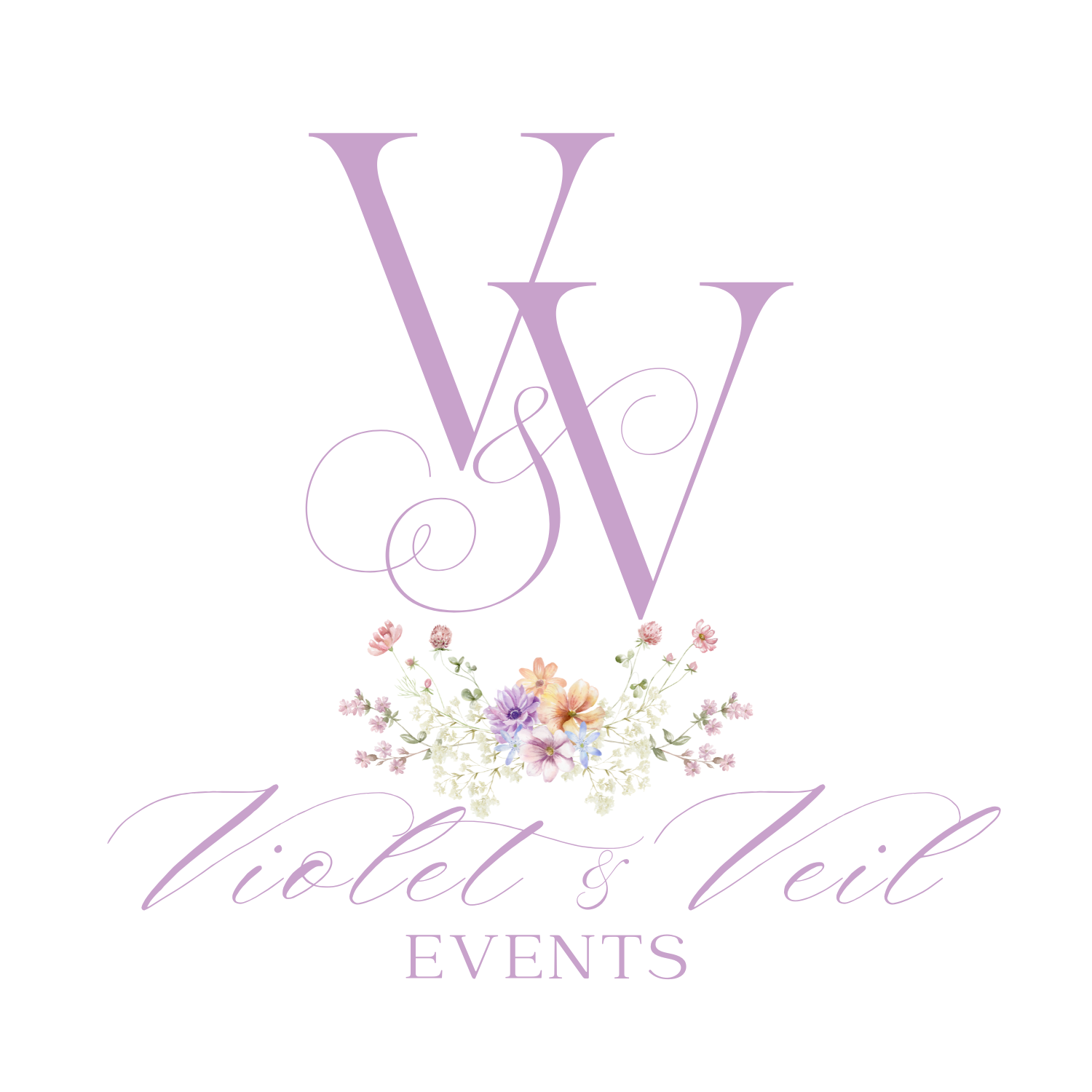 Logo for Violet & Veil Events with large purple initials V and V, surrounded by pastel-colored flowers, with the business name in cursive purple font.