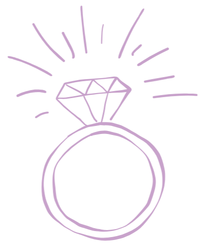 Line drawing of an engagement ring with a large diamond and radiating lines above it, all in purple on a black background.