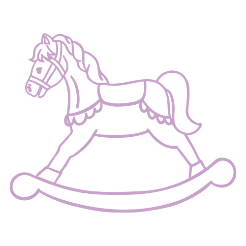A white and purple drawing of a rocking horse with a detailed mane, tail, saddle, and bridle.
