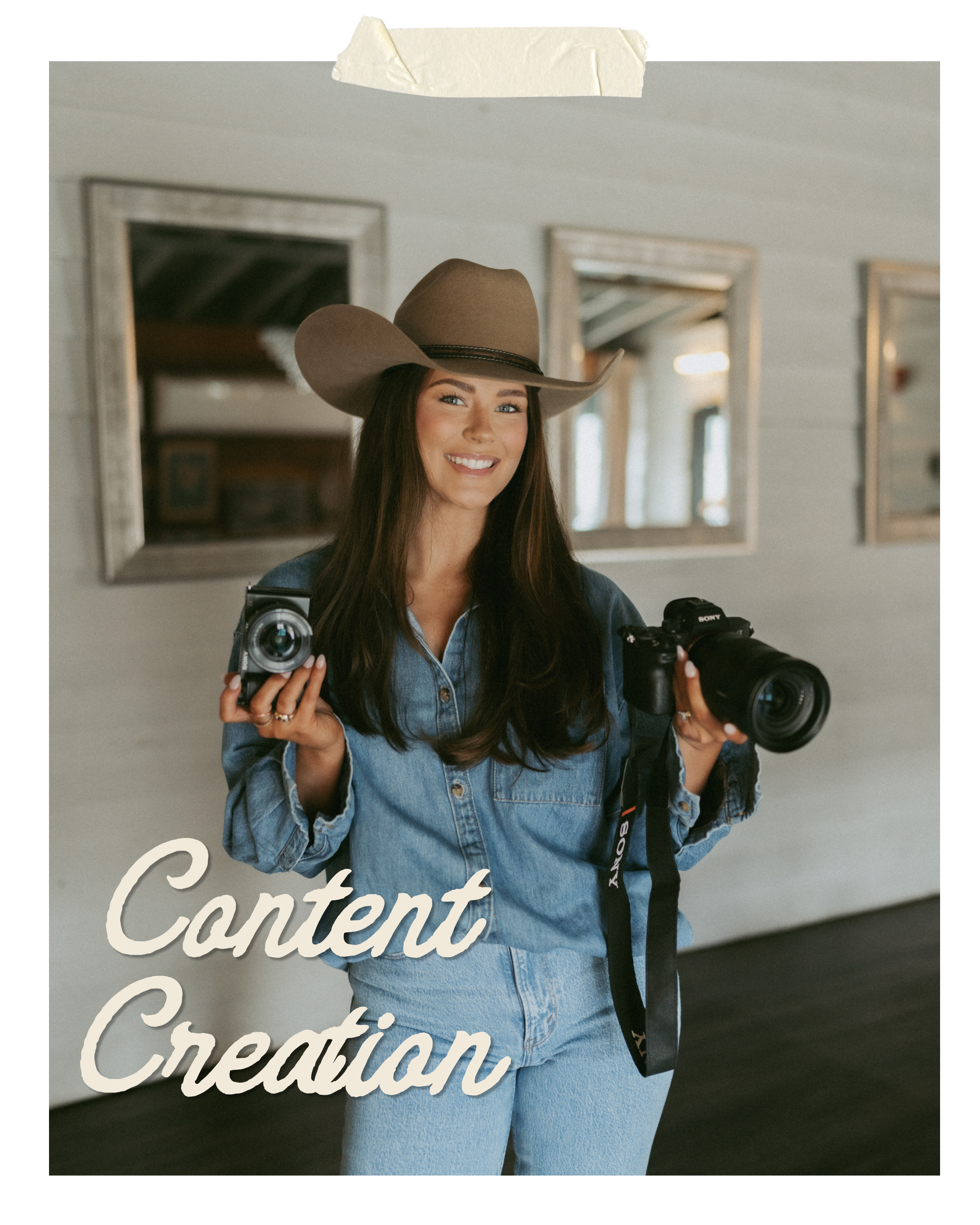 Young woman in denim shirt and jeans wearing a cowboy hat, holding a camera and a camcorder, smiling indoors with mirrors on the wall, text overlay 'Content Creation'.