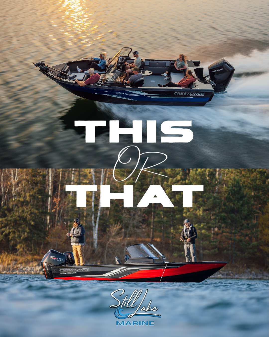Two boats on a lake, one with five people enjoying a ride and the other with two people fishing, during daylight.