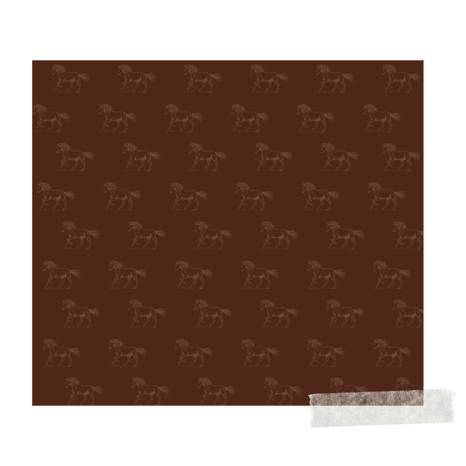 Pattern of running horse illustrations on a brown background.