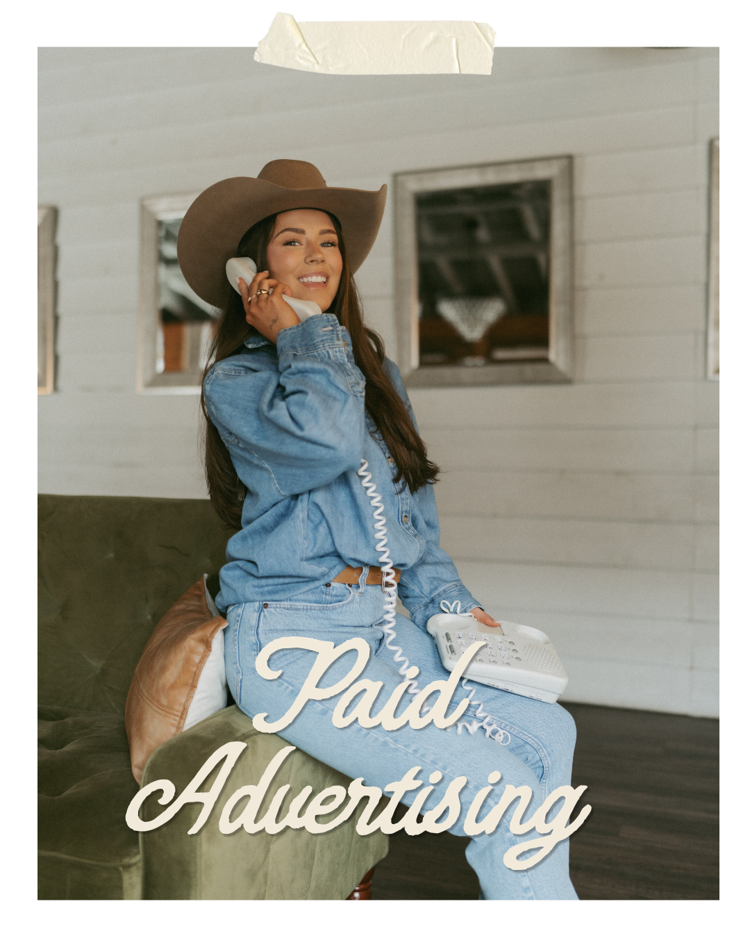 A woman wearing a wide-brimmed hat and denim outfit sitting on a green couch, talking on a corded landline phone, with the text 'Paid Advertising' overlaid.