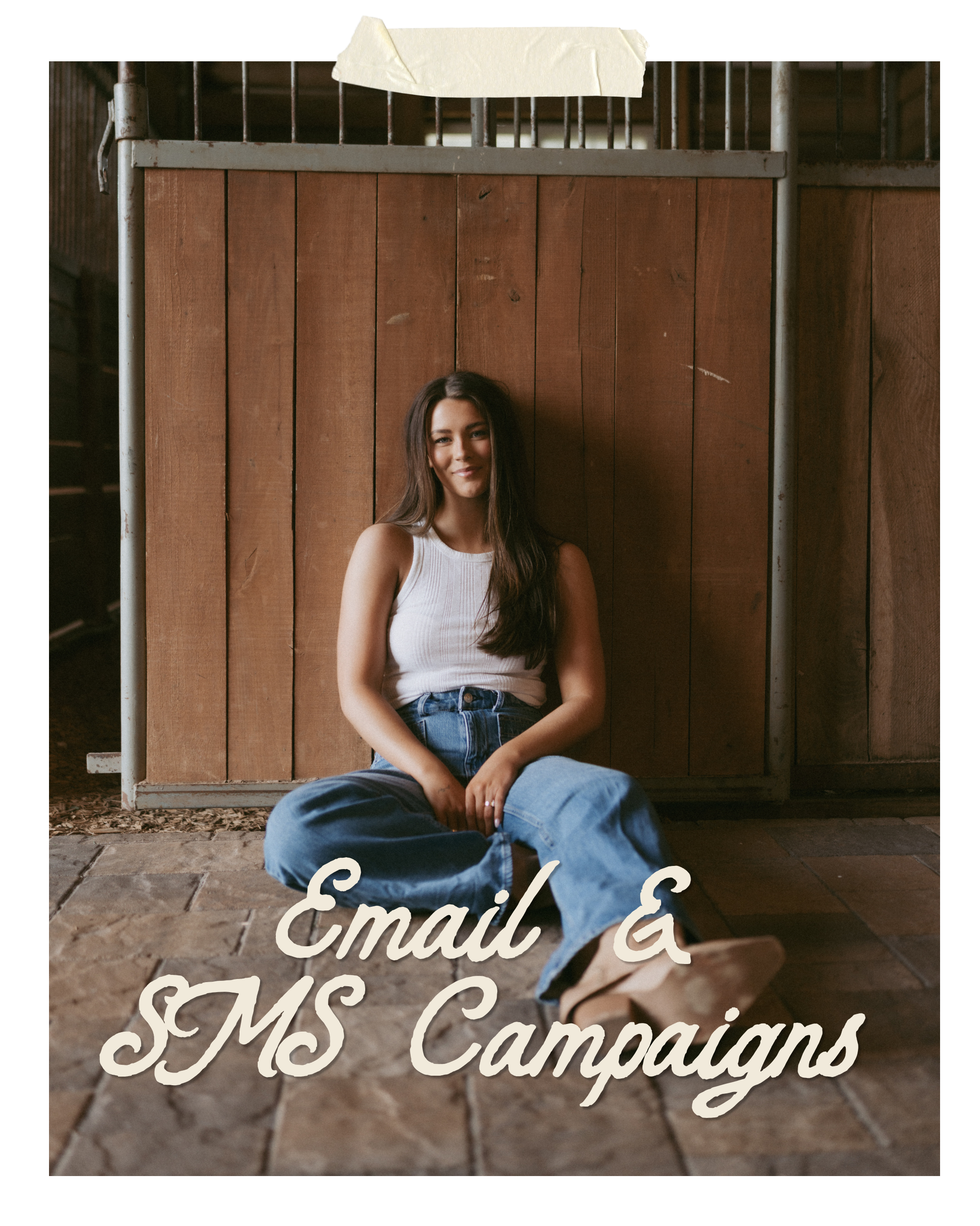 A young woman sitting on the floor against a wooden wall, smiling, wearing a white sleeveless top and blue jeans, with tan shoes, and the text 'Email & SMS Campaigns' overlaid.