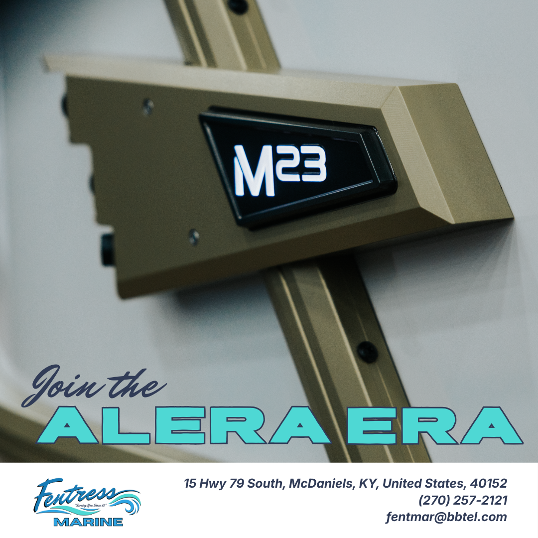 Close-up of a boat or marine equipment labeled M23, with text inviting to join the Alera Era at Fentress Marine in McDaniels, Kentucky.