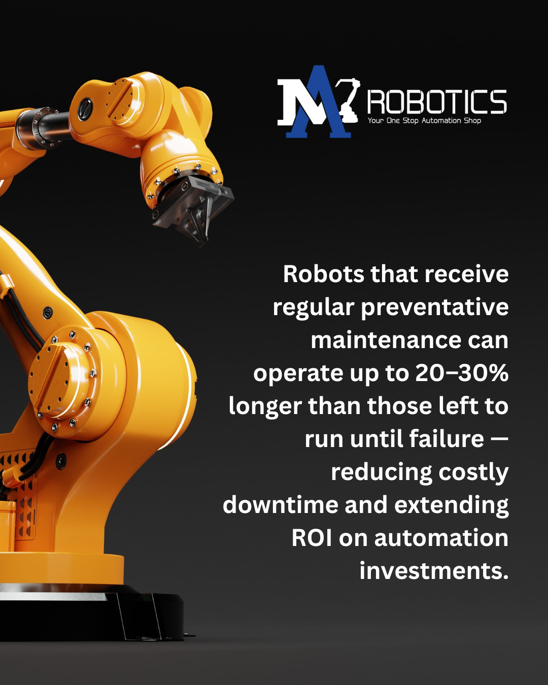 A yellow industrial robotic arm with a black background, accompanied by the M2 Robotics logo and text describing automation benefits.
