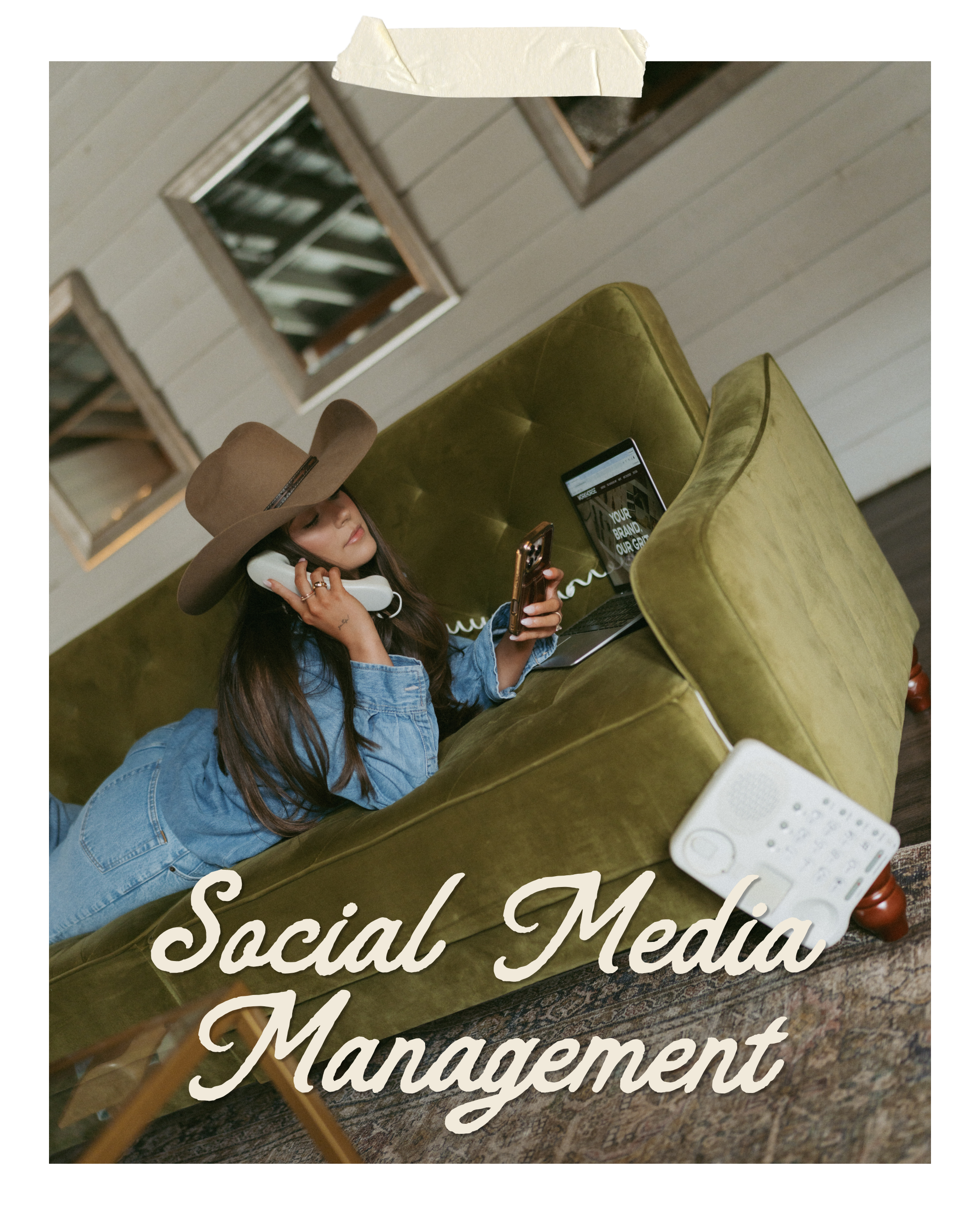 A woman lying on a green couch, wearing a cowboy hat, talking on a phone, and looking at her phone, with a laptop and a white device nearby. The text overlay reads 'Social Media Management.'
