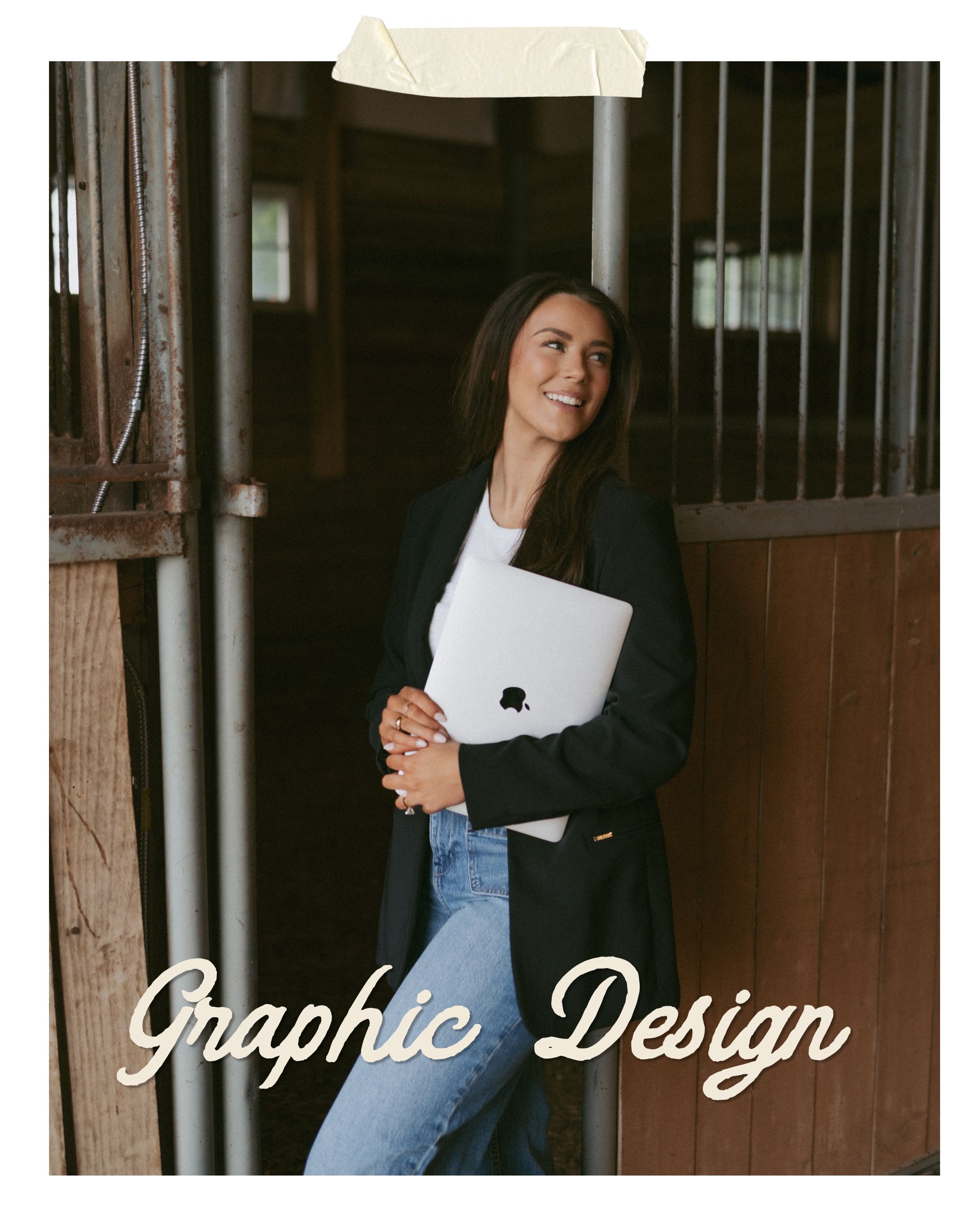 A woman holding a silver MacBook laptop while standing in a stable, smiling and looking to the side. The text 'Graphic Design' appears at the bottom of the image.