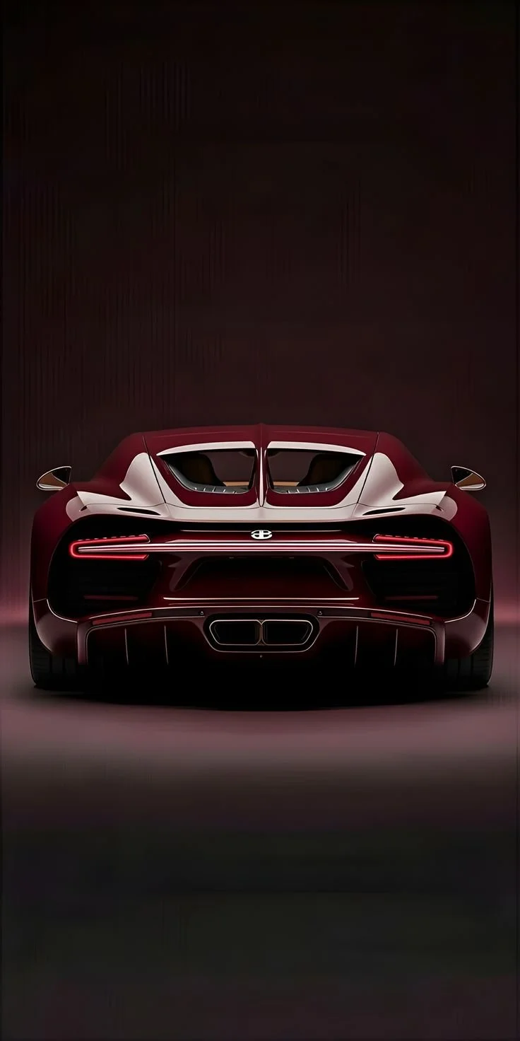 Rear view of a luxury sports car with a sleek maroon body, thin horizontal taillights, distinctive rear vents, and a centered dual exhaust system, set against a dark background.