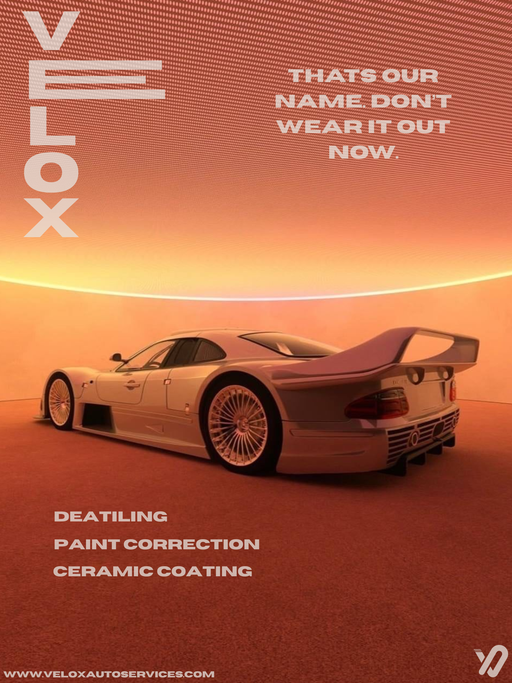 A vintage race car in a space with an orange and yellow gradient background and text promoting car reconditioning services.