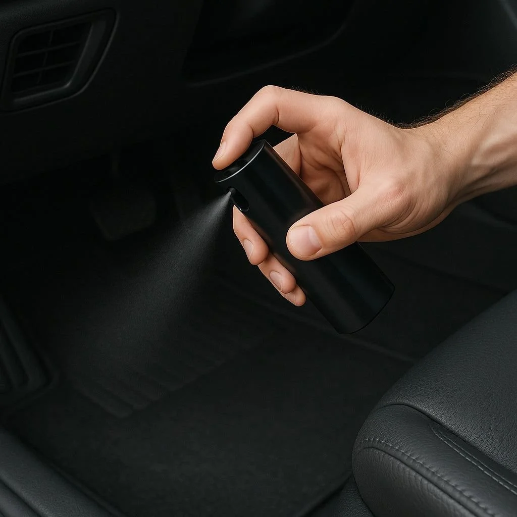 Person using a handheld device to spray disinfectant or air freshener inside a car.