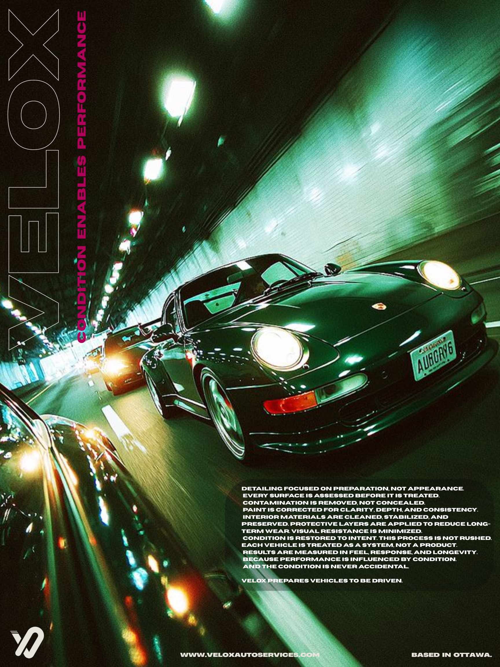 A dark green Porsche sports car driving through a brightly-lit tunnel at night. The car has a Canadian license plate, and the tunnel has a sense of motion with blurred lights and background.