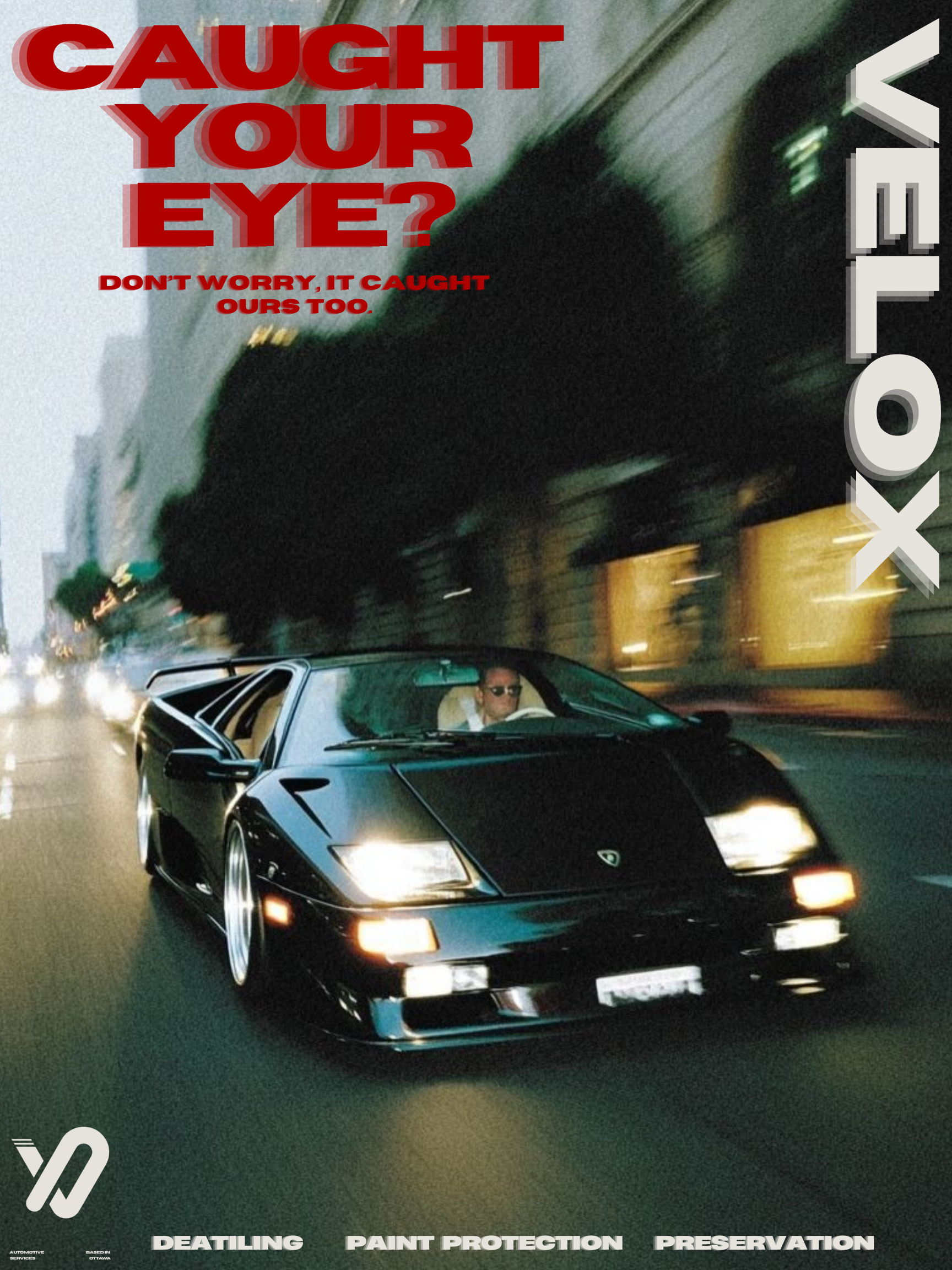 A black sports car driving on a city street at night, with motion blur effects. The image features bold red and white text, including the phrases "Caught Your Eye?" and "Don't worry, it caught ours too." The background shows blurred city buildings and streetlights.