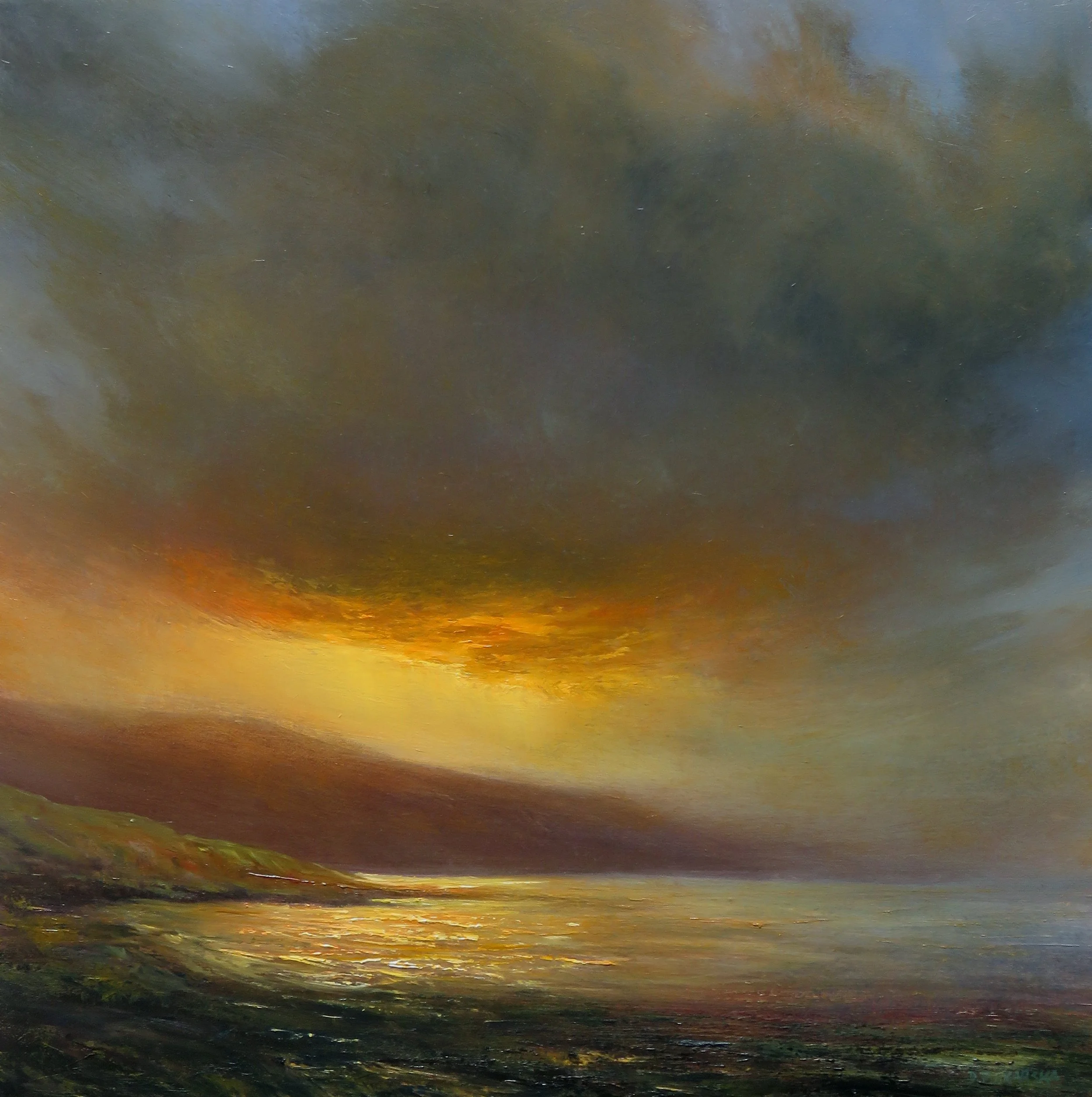 Golden Glow at the Shore, 2025, 40x40cm, oil on canvas. Framed. Price €750, available from Greenlane Gallery Dingle. 