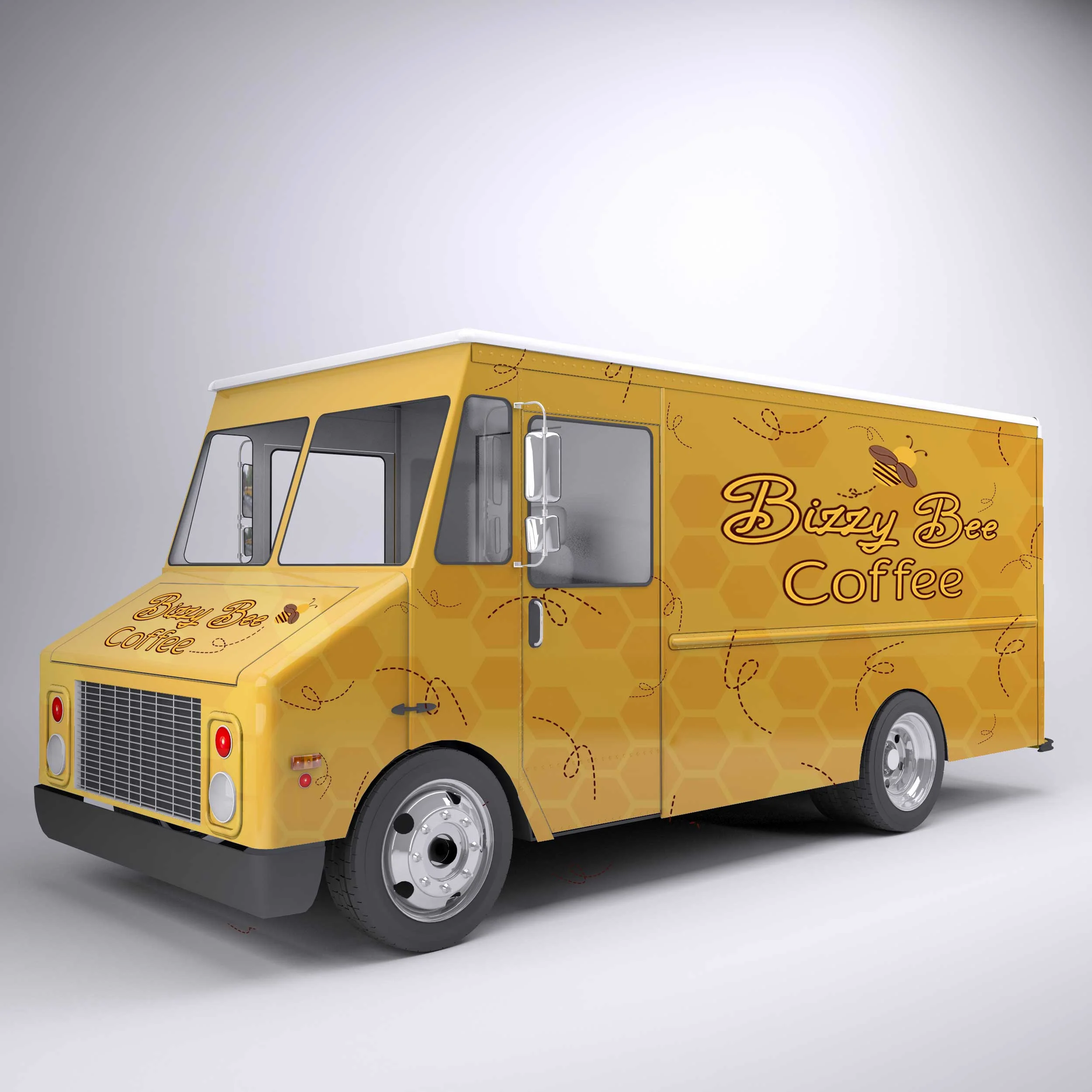 Yellow food truck branded 'Bizzy Bee Coffee' with honeycomb and bee graphics on the side, set against a plain background.