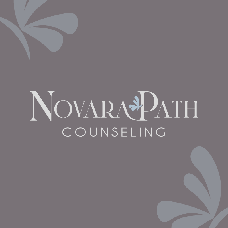Gray background with the text 'NOVARA PATH COUNSELING' and decorative floral elements.