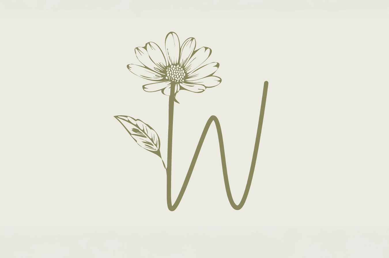 A minimalistic line drawing of a flower with a daisy-like blossom, a leaf, and a curved stem on a light background.