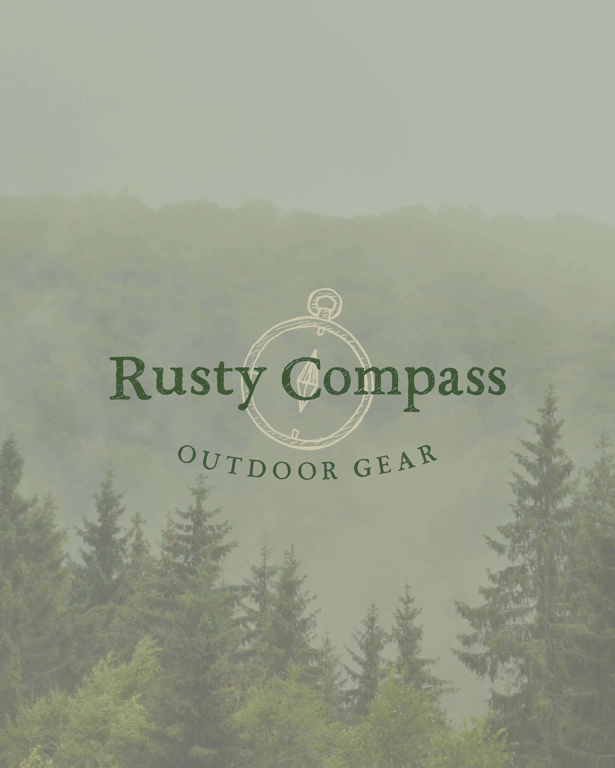 Logo of Rusty Compass Outdoor Gear with a compass illustration over a foggy forest background.