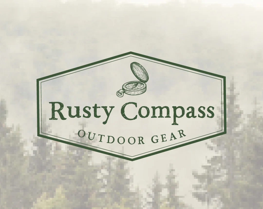 Logo for Rusty Compass Outdoor Gear with a compass illustration above the text.