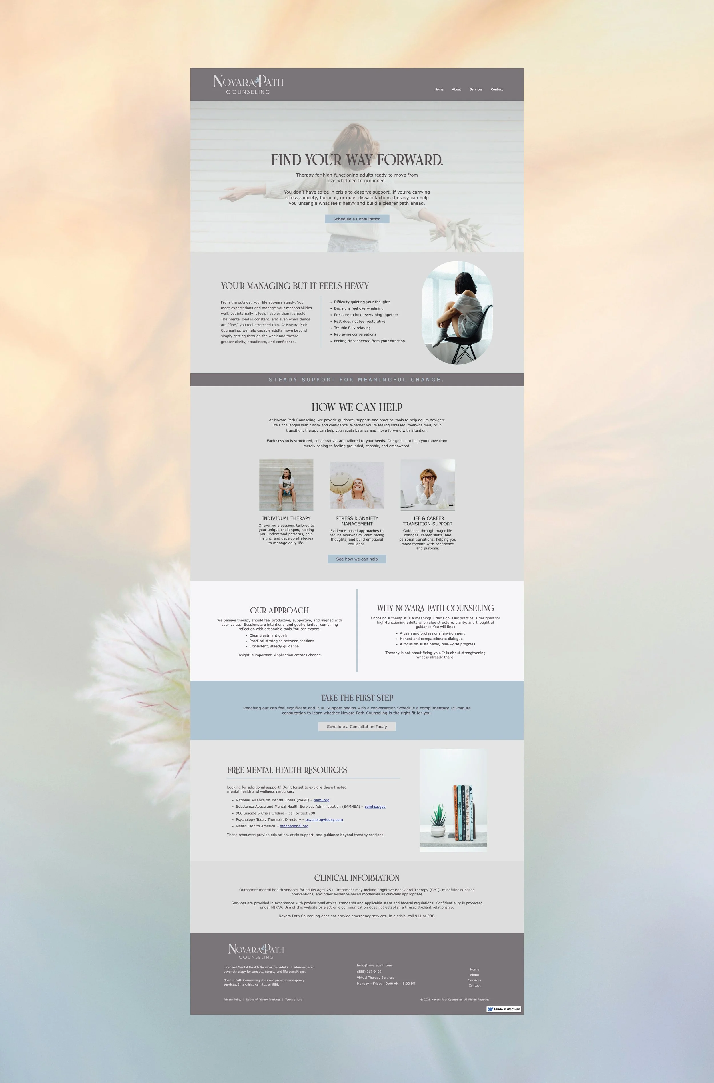 A counseling website homepage for Novara Path Counseling, featuring sections about therapy services, resources, and appointment scheduling, with a calming pastel background and professional design.