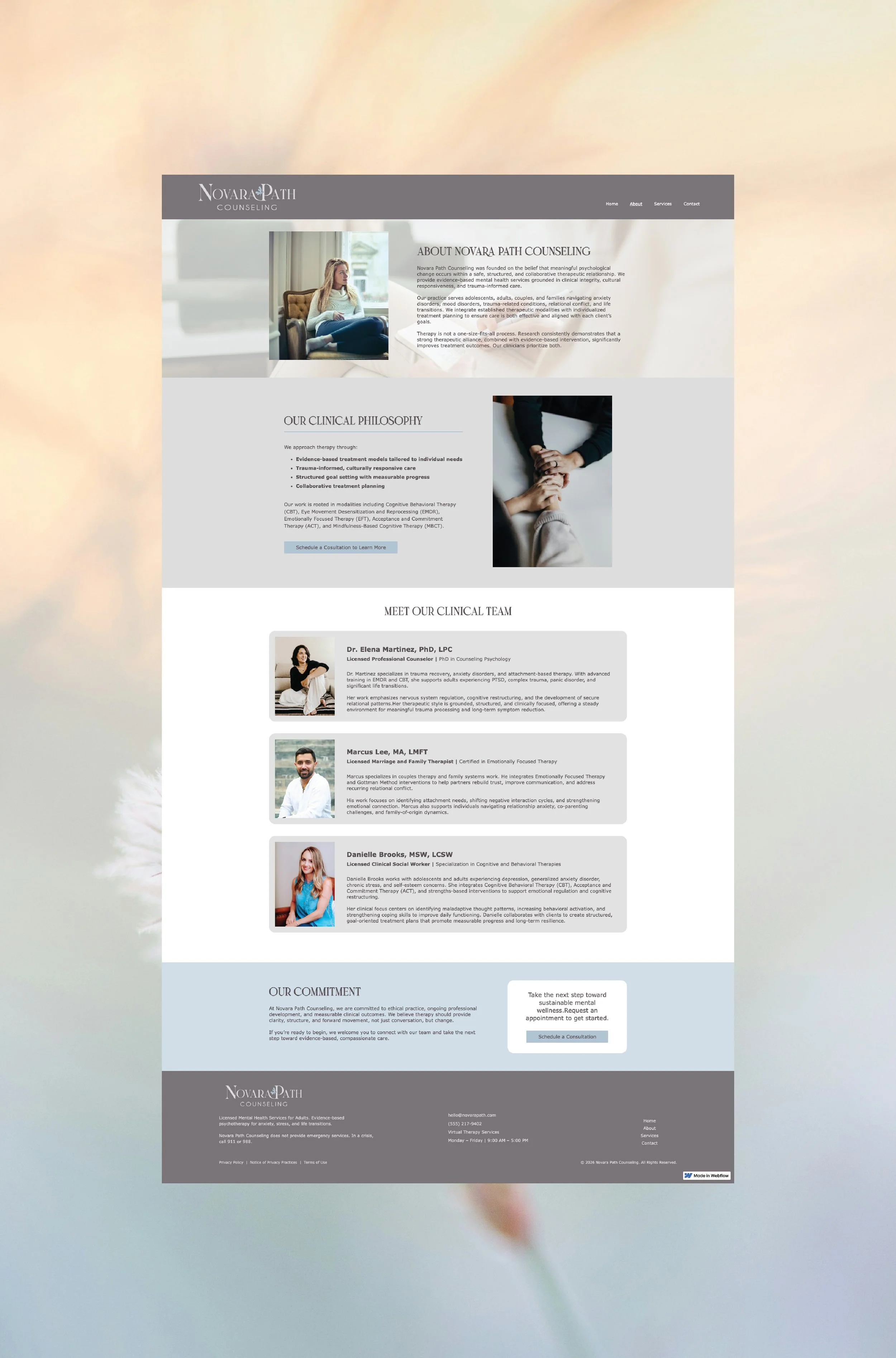 A counseling website homepage for Novara Path Counseling, featuring sections for about, services, contact, a photo of a woman sitting on a couch, information about their philosophy and team, and a call-to-action button to schedule a consultation.