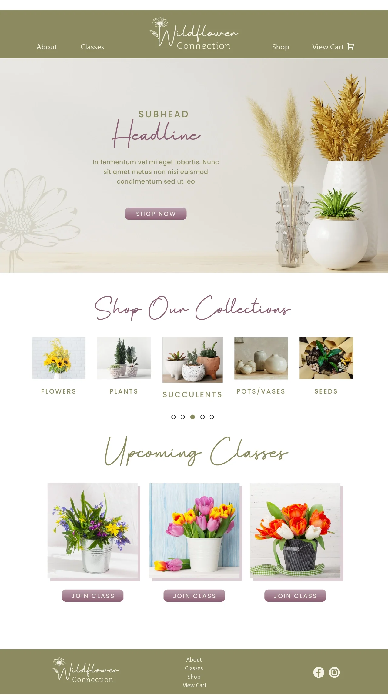 Homepage of a flower shop website called Wildflower Connection showing flower arrangements, plants, succulents, pots/vases, and seeds, with upcoming floral arrangement classes.