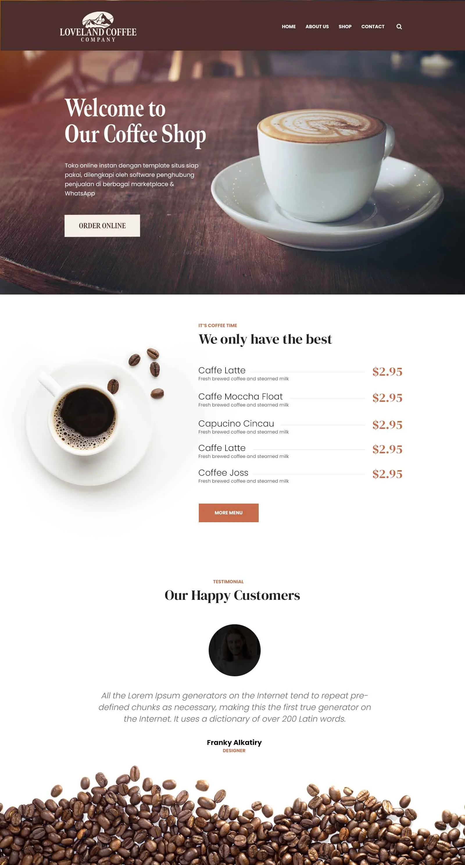 Coffee shop website homepage with a large coffee cup with latte art, a menu of coffee drinks with prices, and a background image of coffee beans at the bottom.