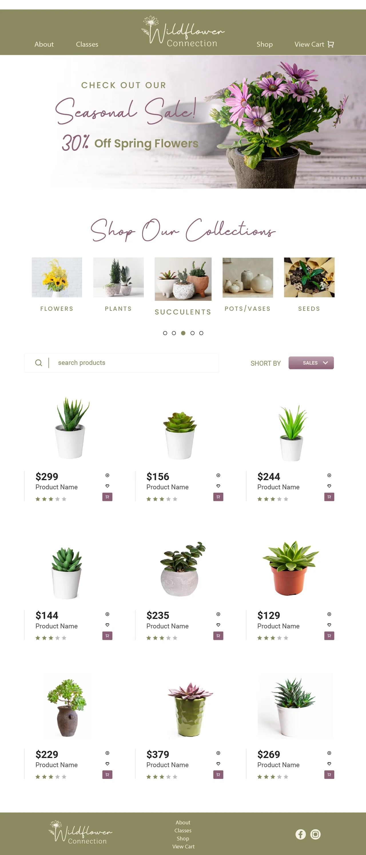 Website homepage for Wildflower Connection featuring a seasonal sale on spring flowers with 30% discount. Displays categories like flowers, plants, succulents, pots/vases, and seeds, with various potted plants and prices listed.