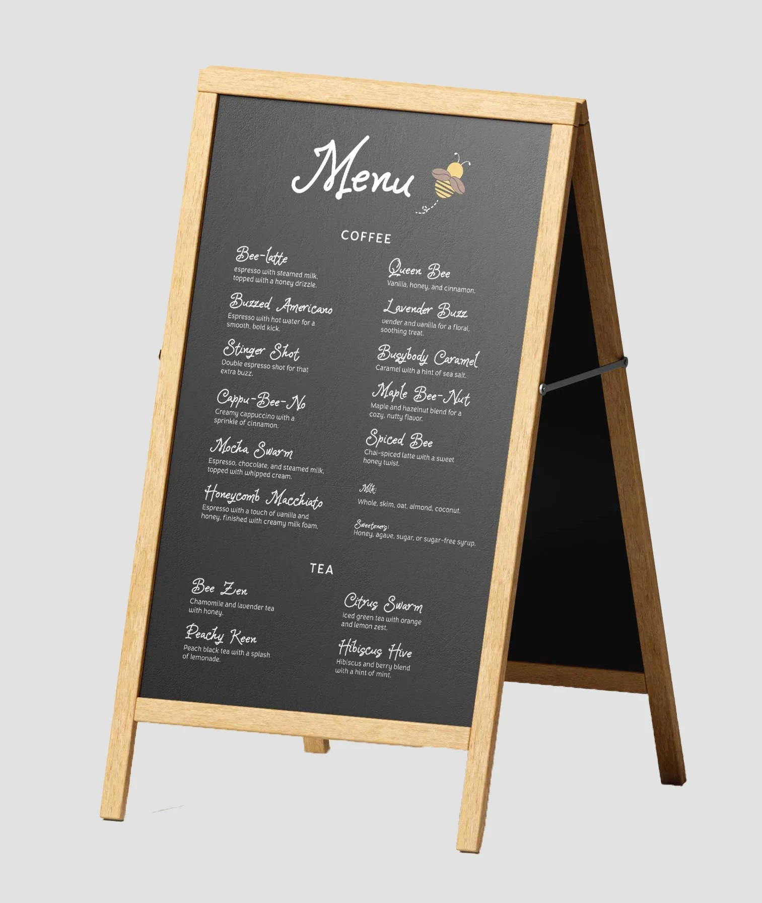 A blackboard menu with a wooden frame and a small bee illustration at the top. The menu lists various coffee and tea options.