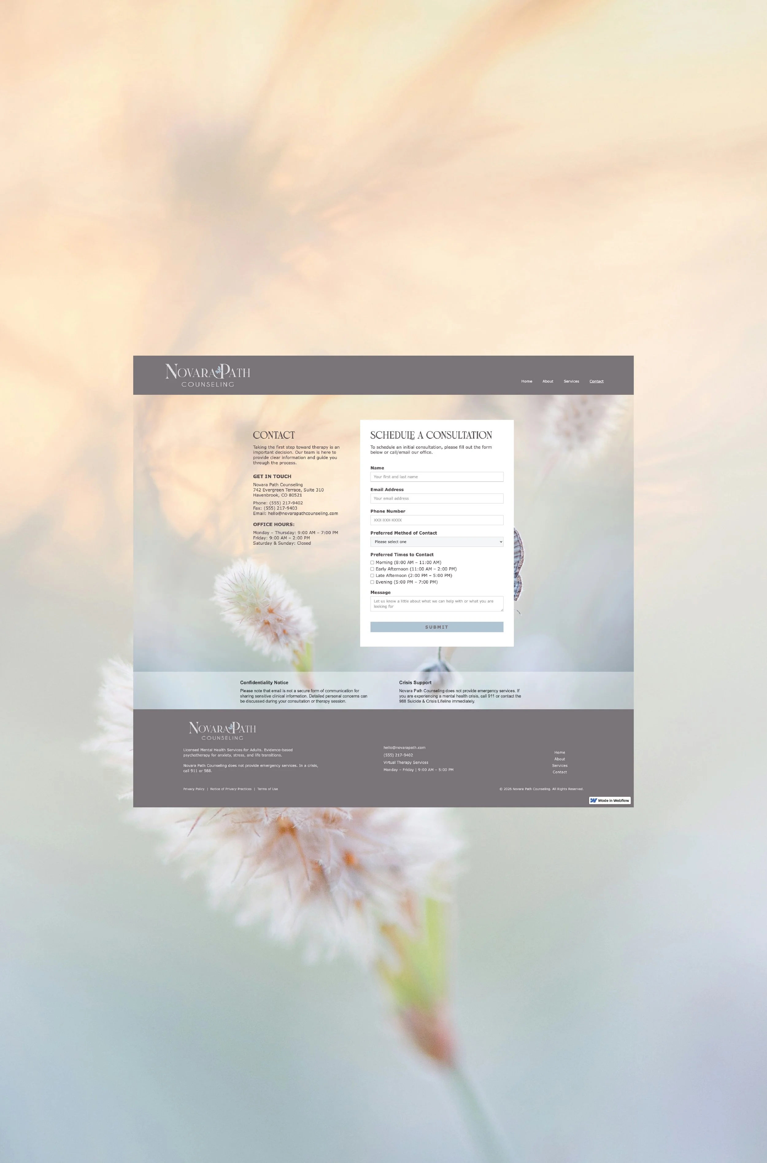 Website for Novara Path Counseling overlaying a soft-focus background of a flower.