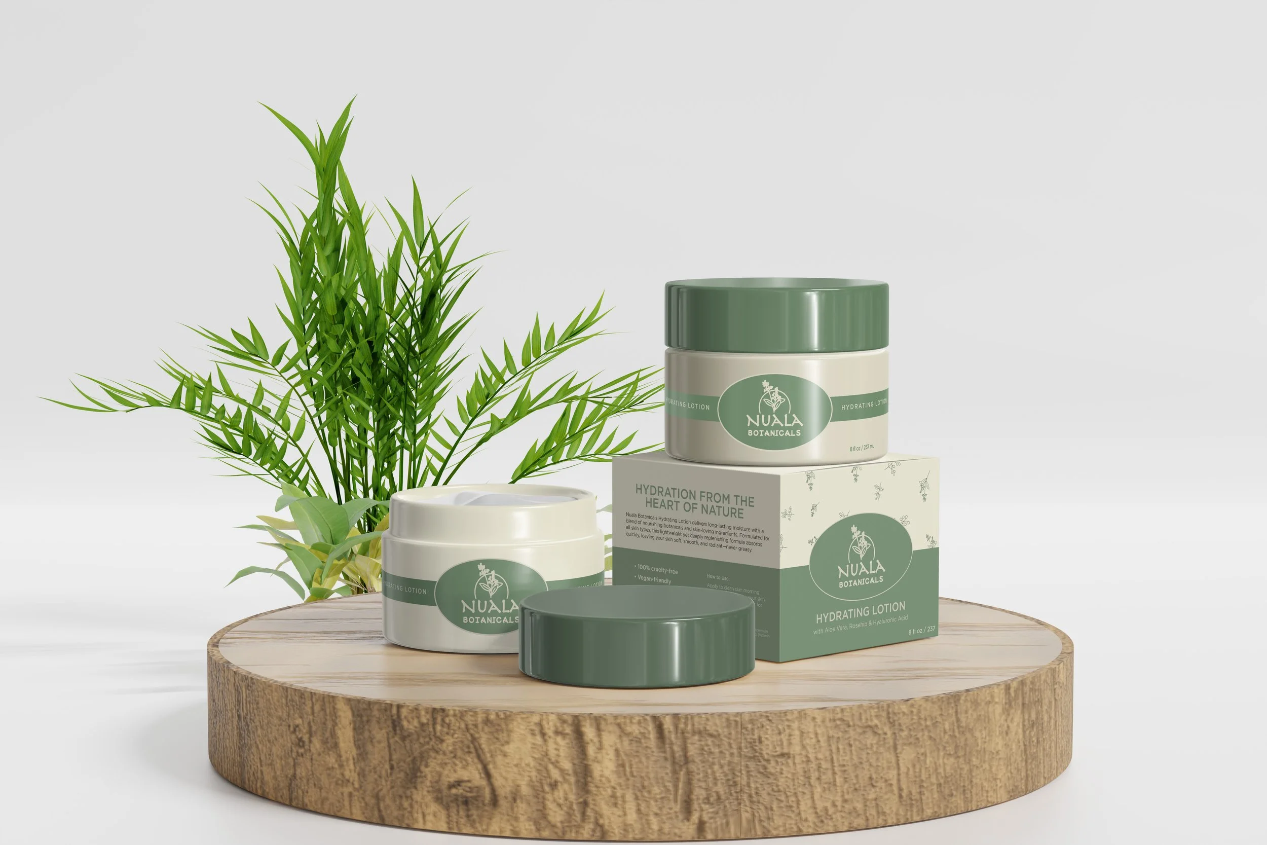 Nuala Botanicals hydrating lotions in green and white containers on wooden platform, with green plants in the background.