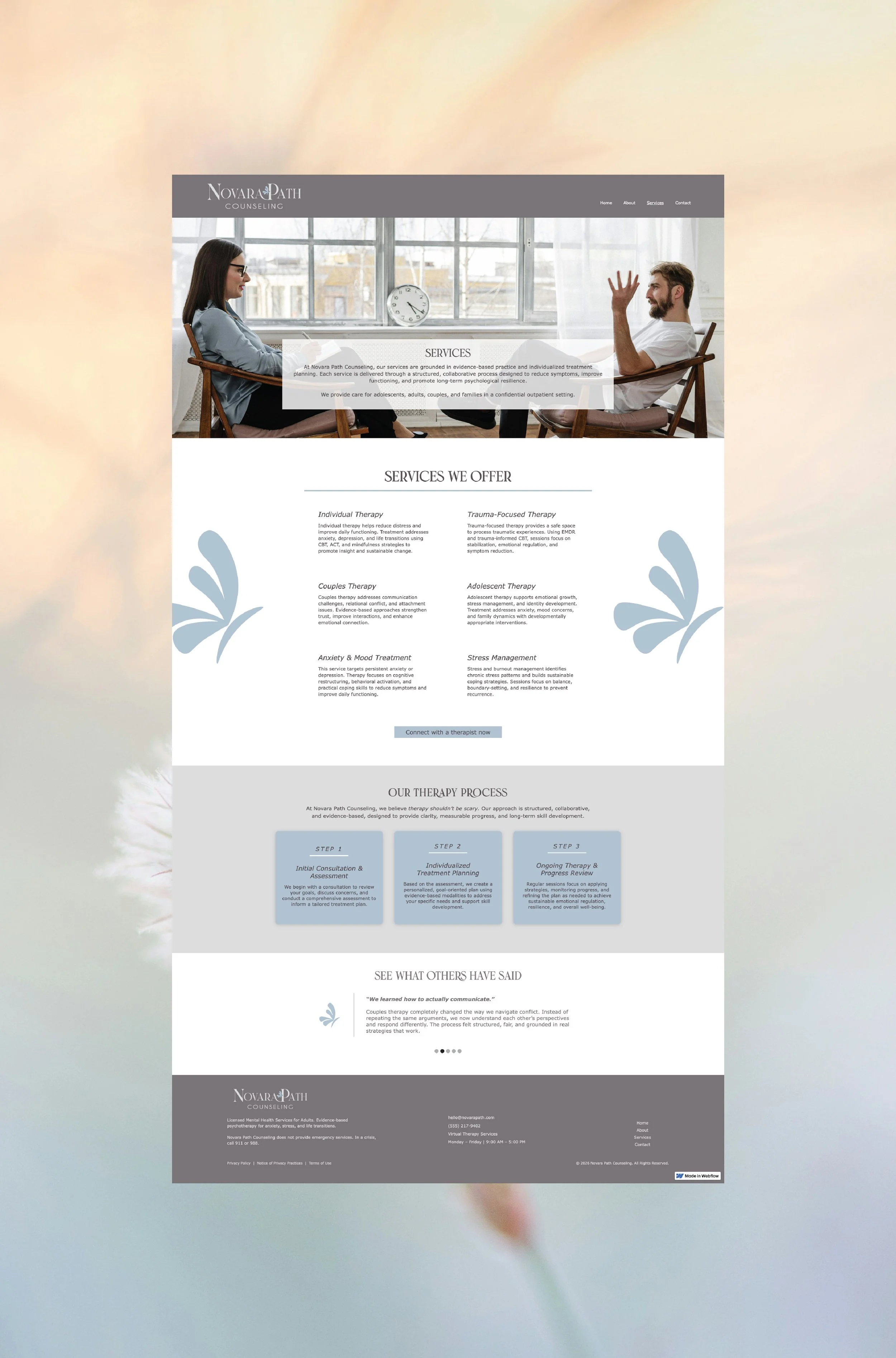 Webpage of Novara Path Counseling with services offered in therapy and counseling, including images of a woman and man in therapy session and decorative floral graphics.