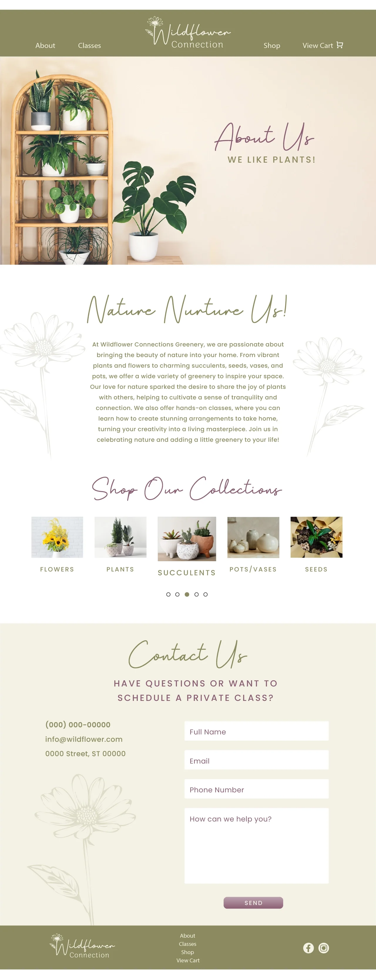 Screenshot of a website for Wildflower Connection, a plant nursery. The page features a header with navigation options, a section with potted plants and wall shelves holding more plants, followed by an about section, a shop collections section showin