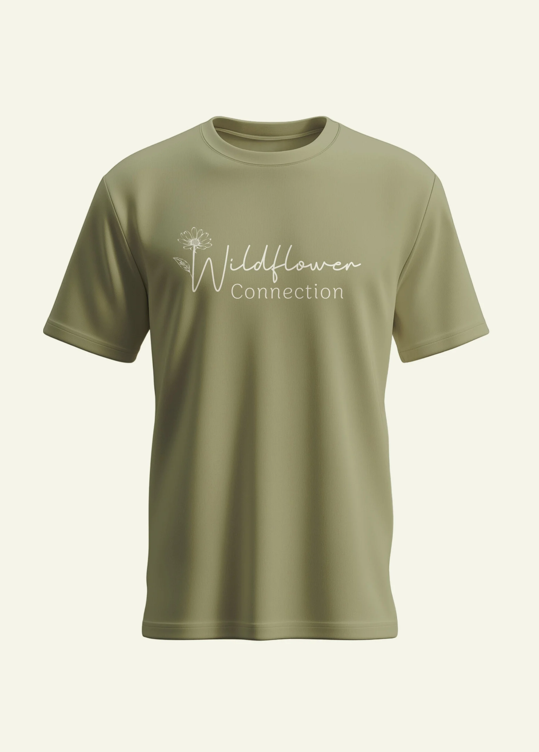 Olive green T-shirt with the text 'Wildflower Connection' and a small flower illustration.