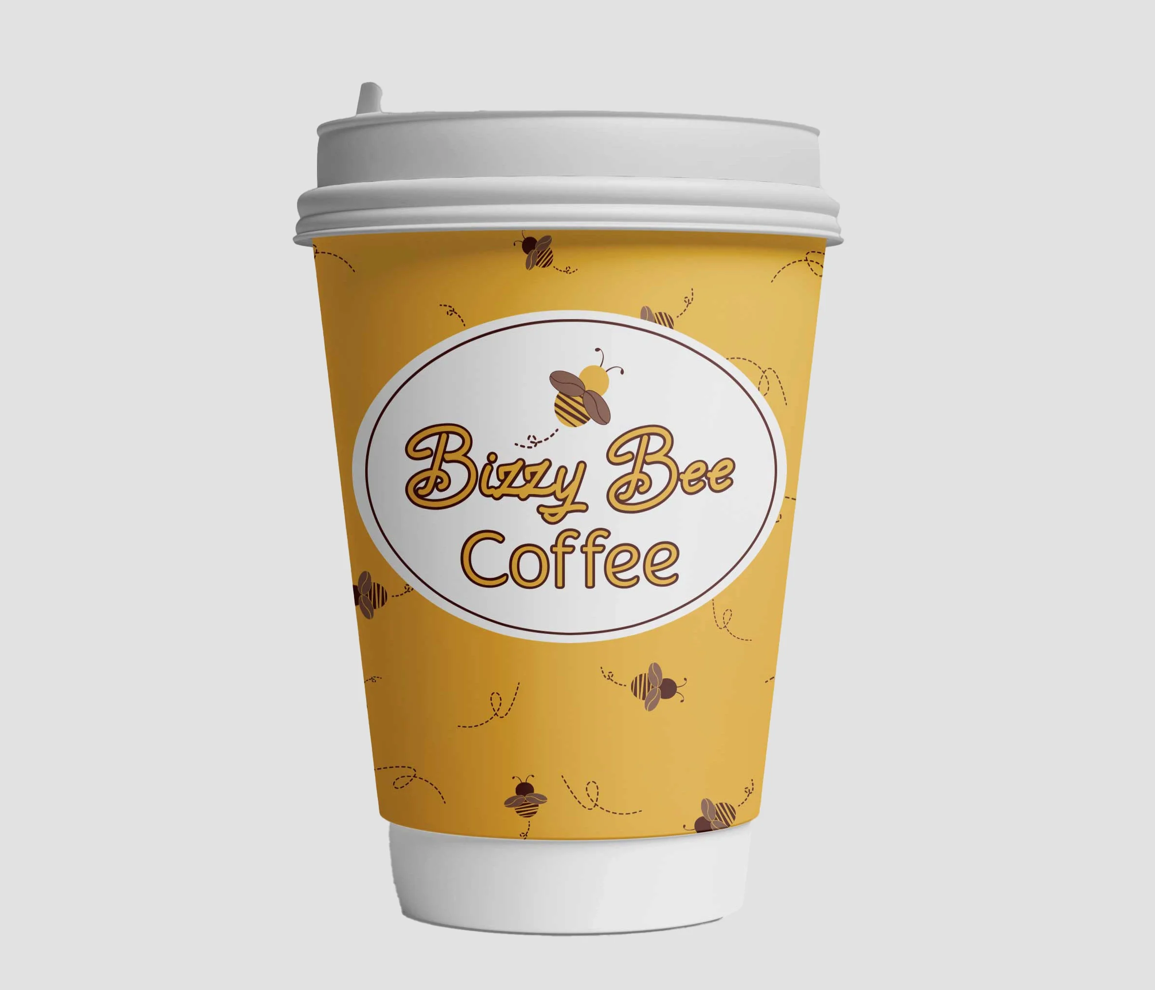 A yellow disposable coffee cup with the logo 'Bizzy Bee Coffee' and illustrations of bees scattered around.