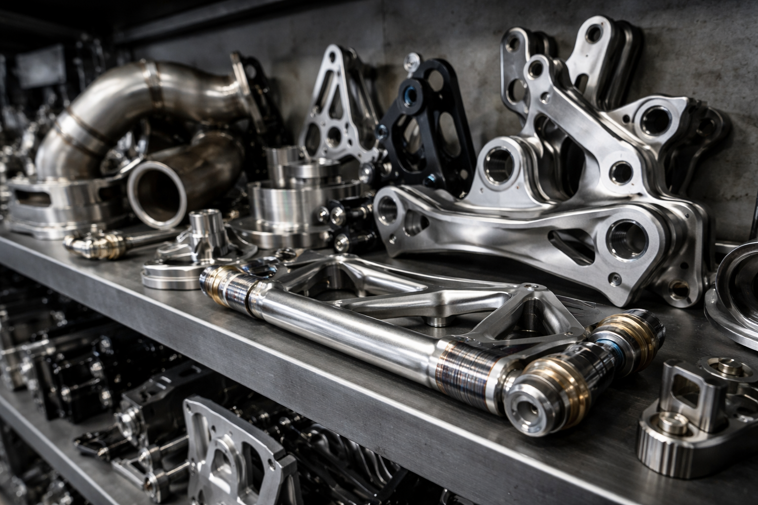 Assorted metallic automotive engine parts on a metal shelf, including a large curved pipe, brackets, rods, and mounts, in a workshop.