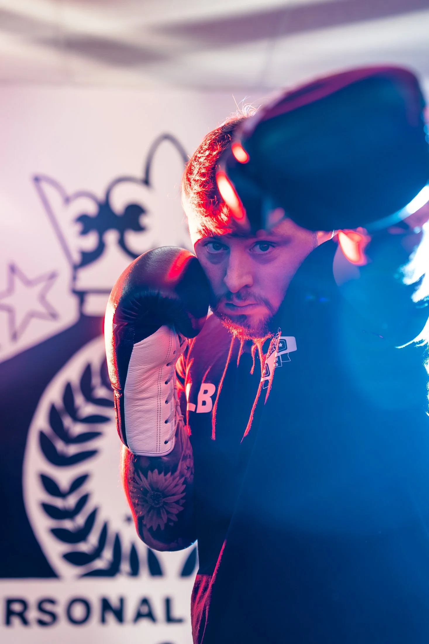 A man wearing boxing gloves in a boxing stance, looking directly at the camera with an intense expression. The background features a logo with a crown and stars, and the scene is illuminated with dramatic, colorful lighting.