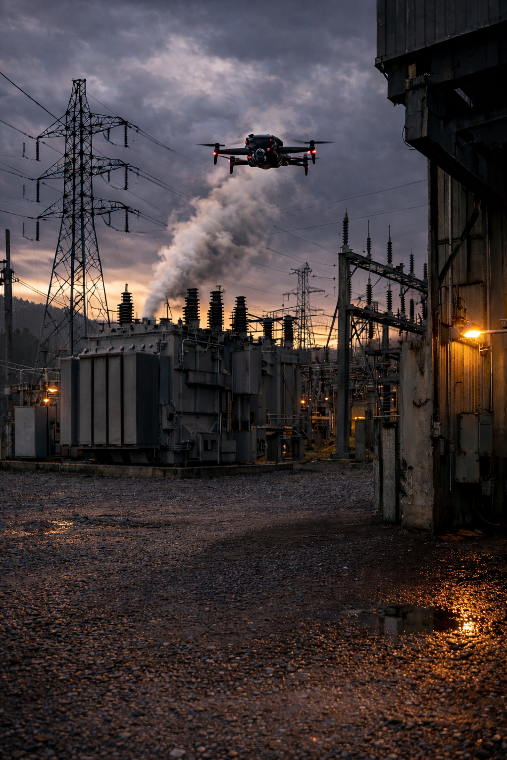 Drone hovering over a power substation.  security training and consulting Florida Crisis Prevention and Response