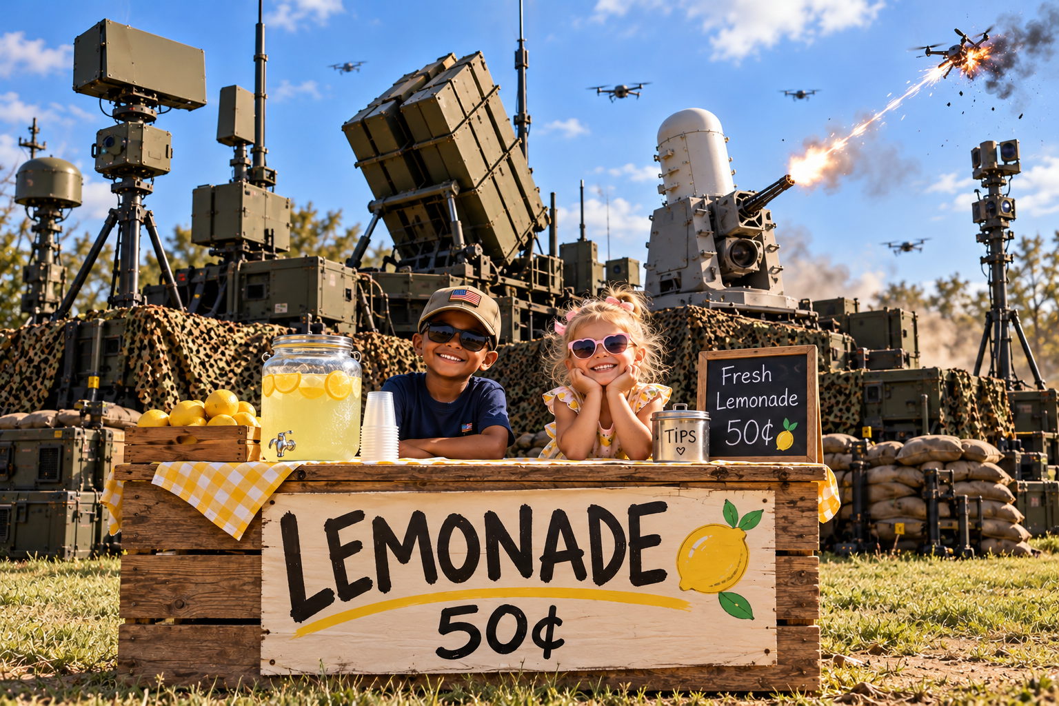 Satirical illustration of two children at a lemonade stand surrounded by military counter-drone equipment, including radar, missile launchers, and a CIWS firing at a drone.