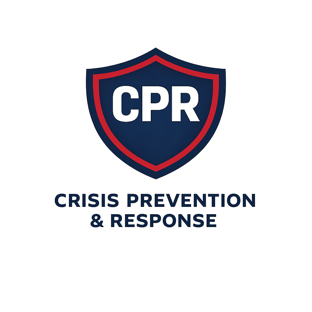 Crisis Prevention and Response LLC logo, Orlando Florida security consulting and training. A shield with the letters 'CPR' in the center, symbolizing crisis prevention and response.