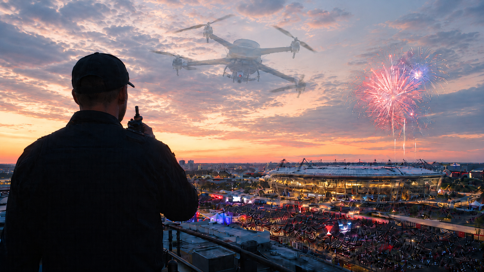 A security professional watches a crowded stadium celebration as a ghostlike quadcopter drone looms above the event.