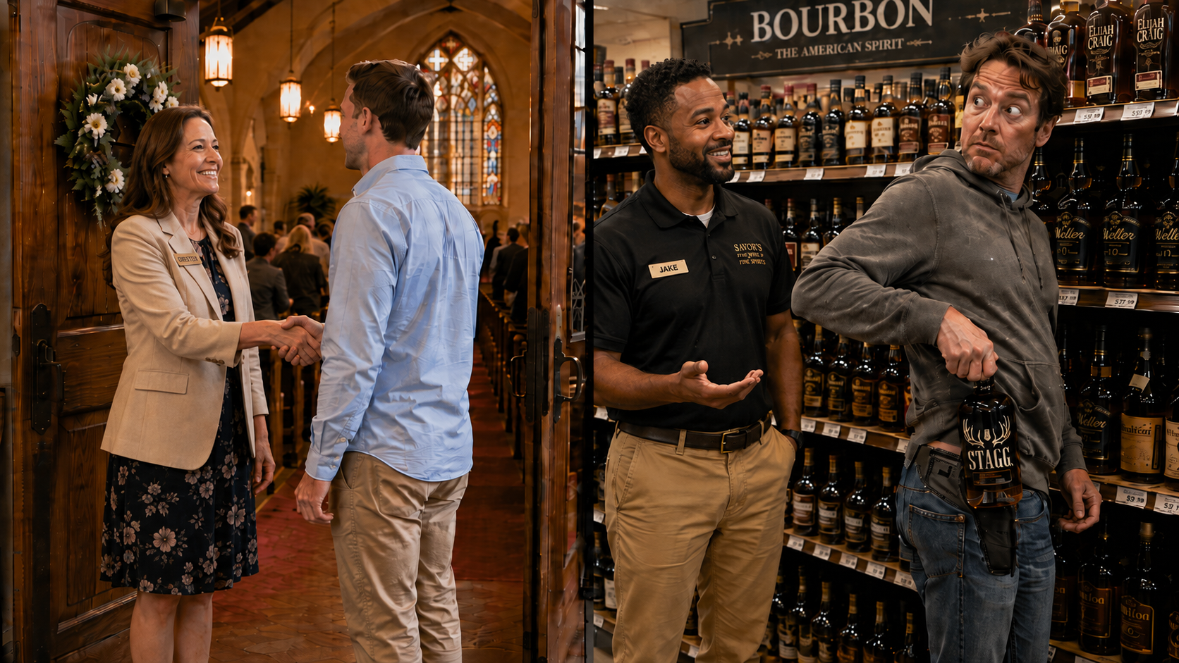 Church greeter welcoming a visitor beside a retail employee engaging a customer in a bourbon aisle, illustrating how proactive customer service can improve security, deter unwanted behavior, and support loss prevention.