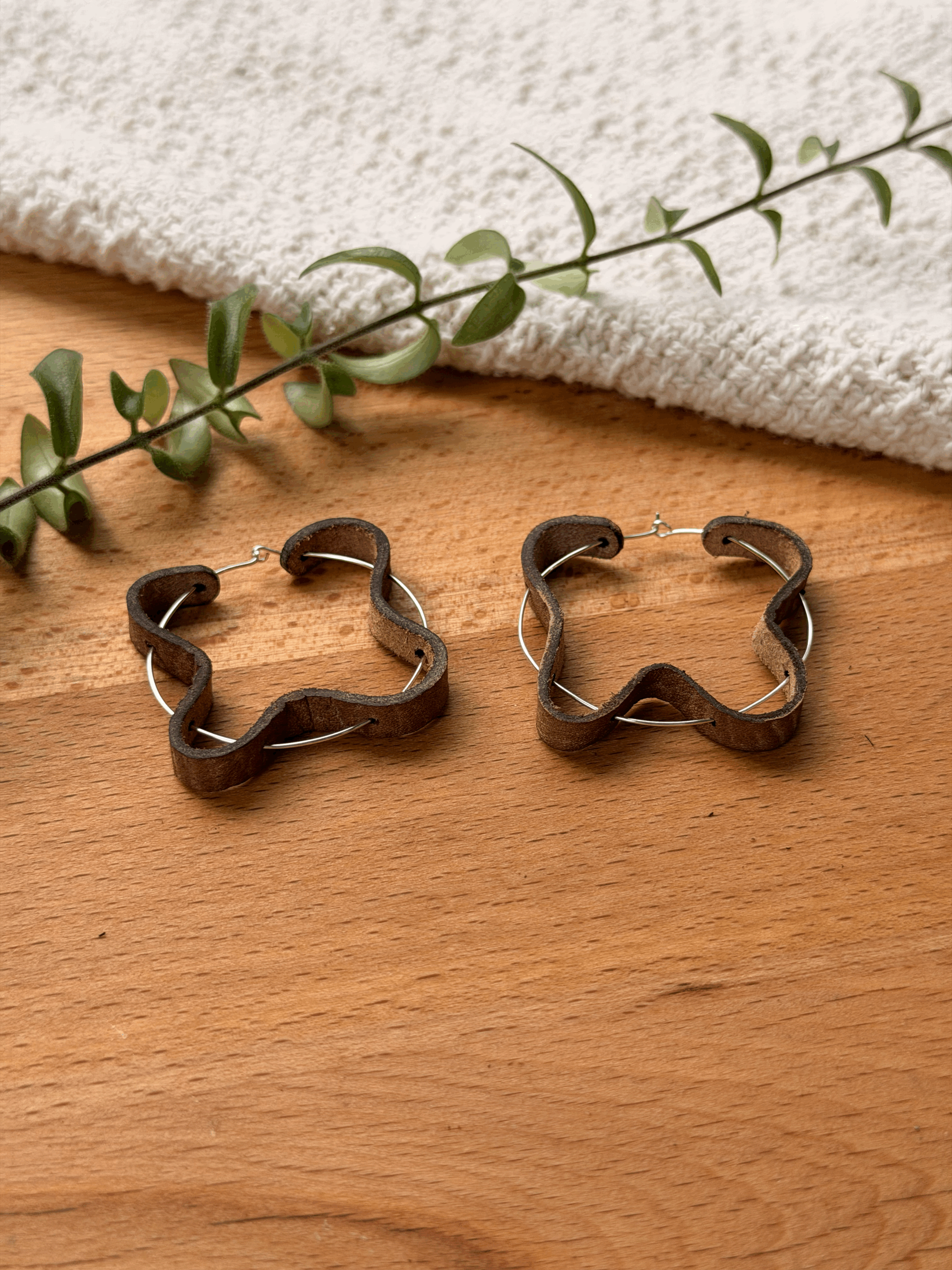 Squiggle Hoop Earrings shown in Oak finish and small size