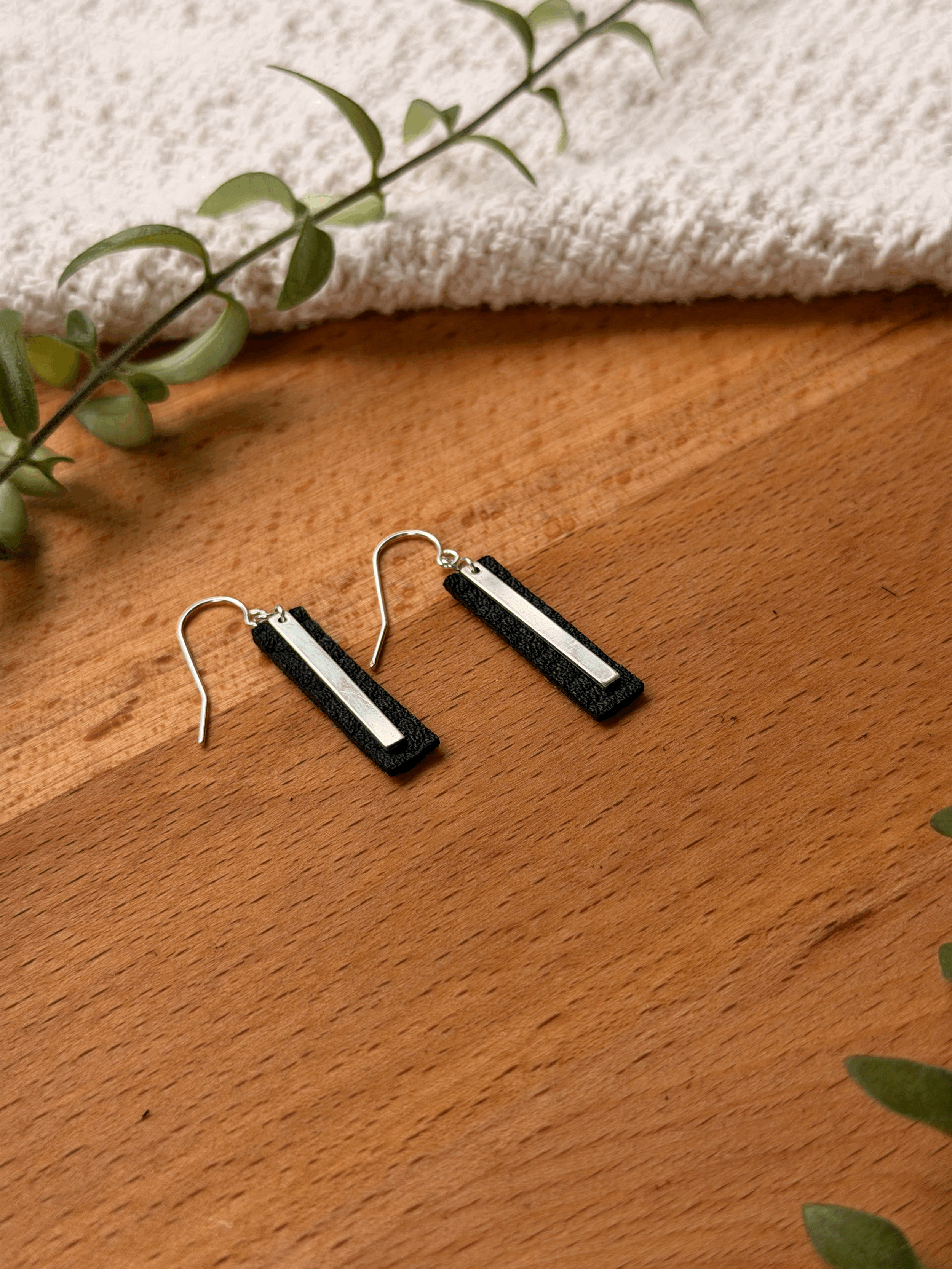 Silver Bar Earrings shown in Iron finish