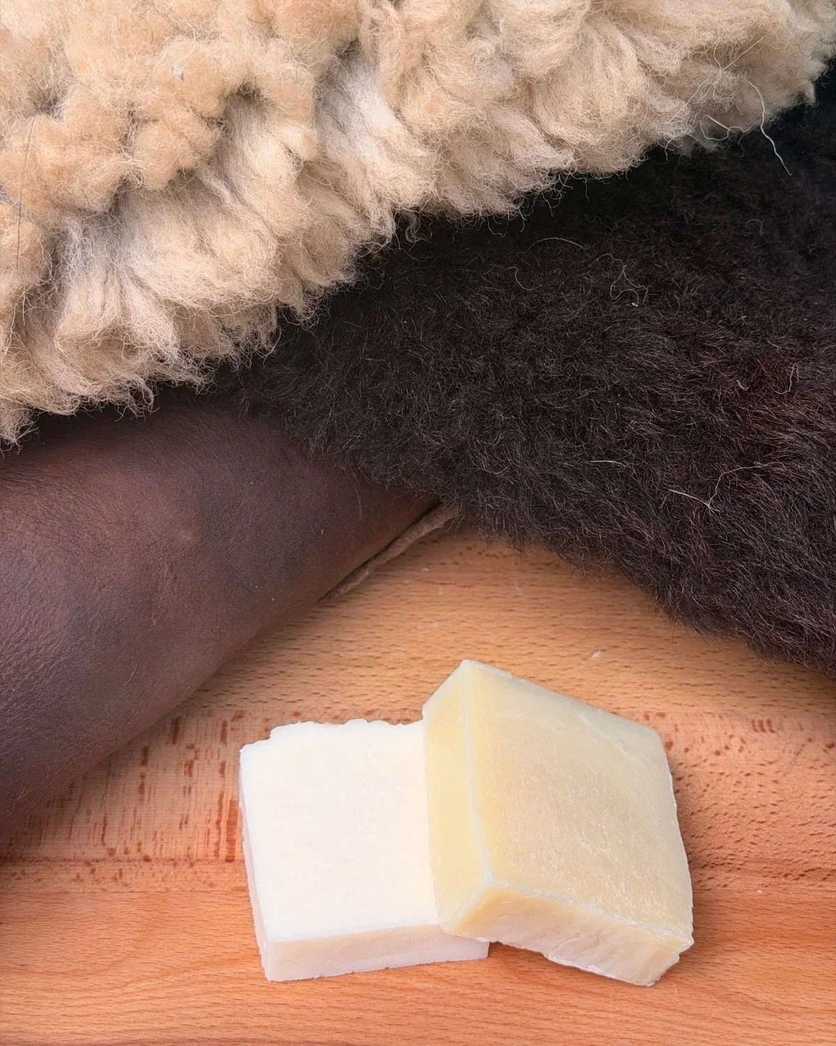 Sheepskin, naturally tanned leather, and tallow soap used by Landmade Co.