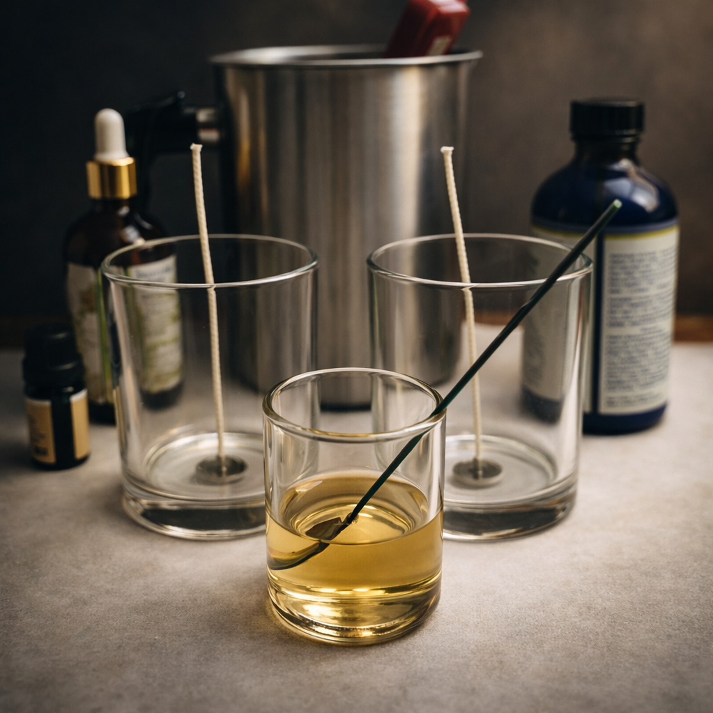 Three glass containers with candles and stirring sticks, with bottles of medicine and a metal container in the background.