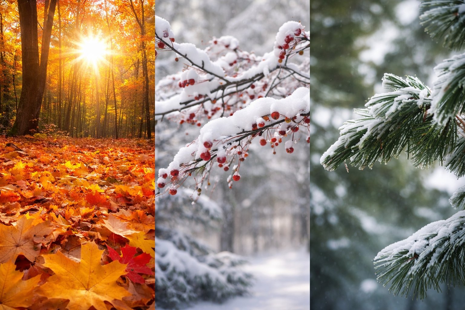 A collage of three images depicting the changing seasons: a forest with autumn leaves and sunlight, snow-covered branches with red berries, and snow-covered pine branches.
